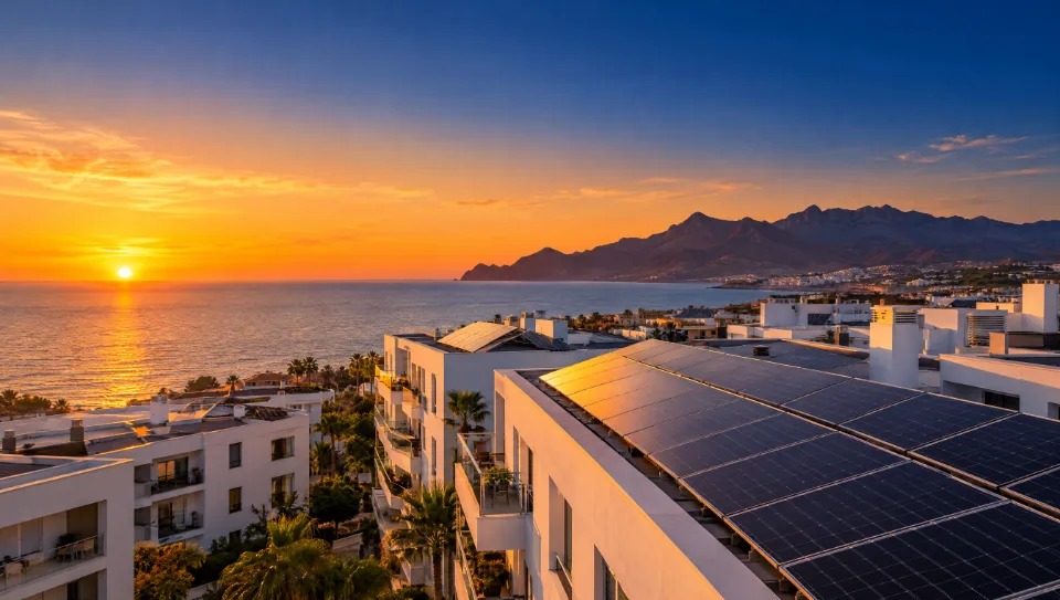 Tejados de Almería con placas solares al atardecer