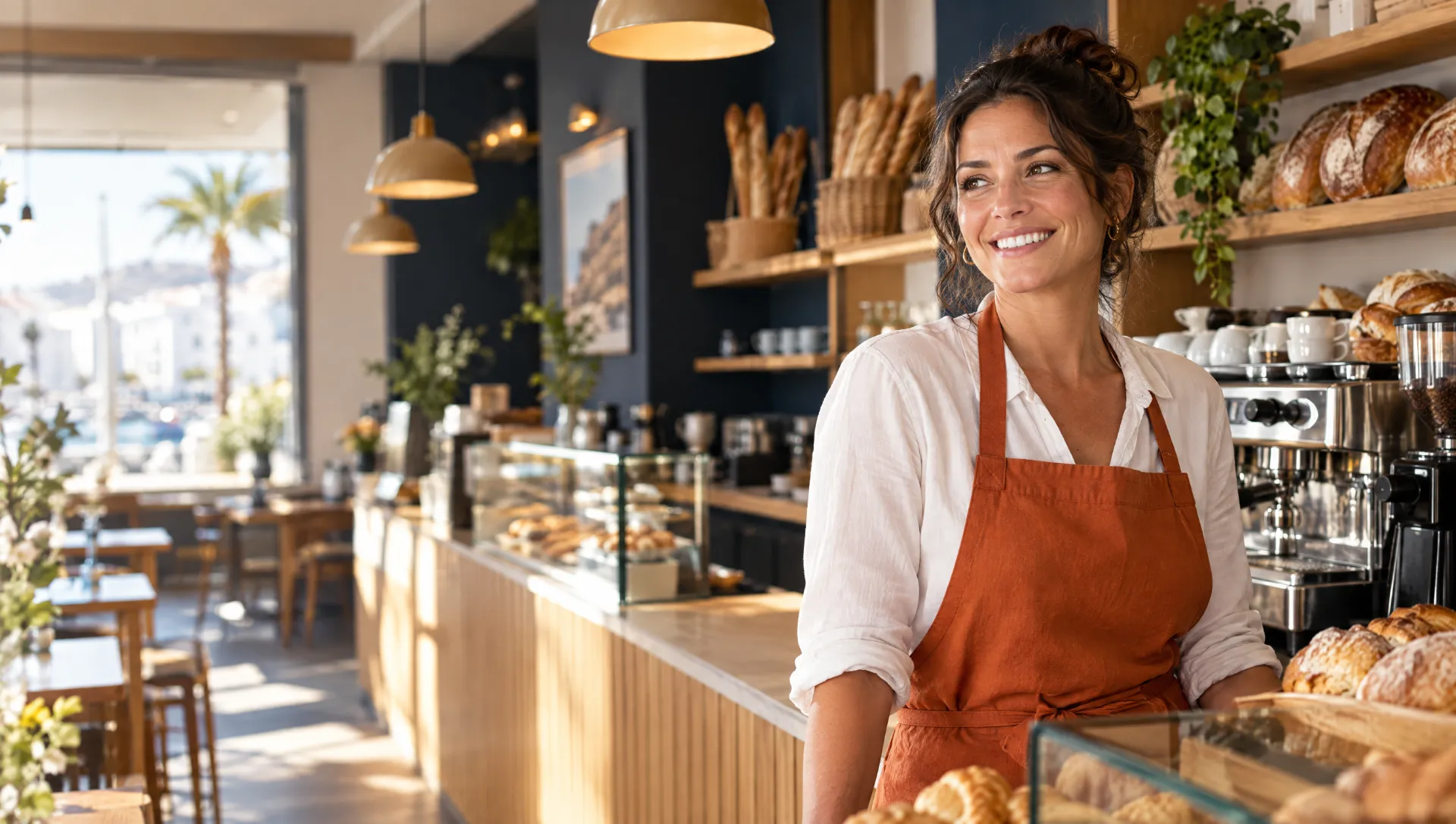 Dueña de una cafetería de Almería sonriendo detrás del mostrador